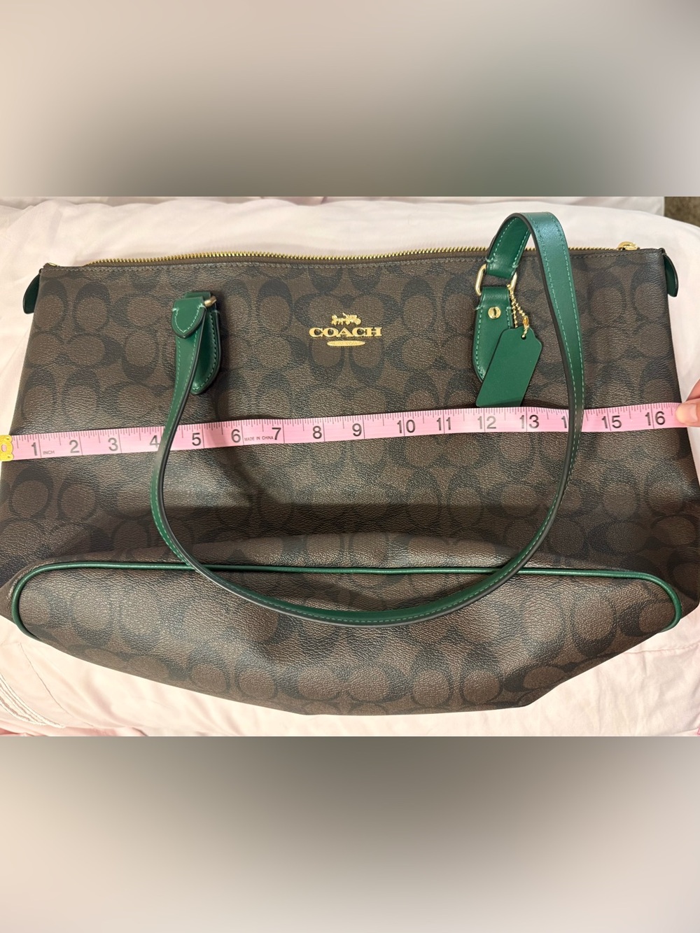 Coach F34104 Signature Street Zip Tote Brown Green Leather